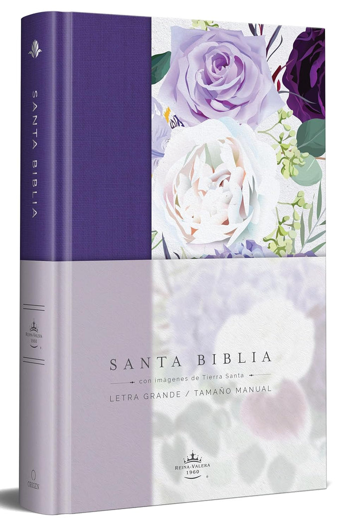 Biblia RVR1960 Tapa dura y tela morada con flores tamaño manual